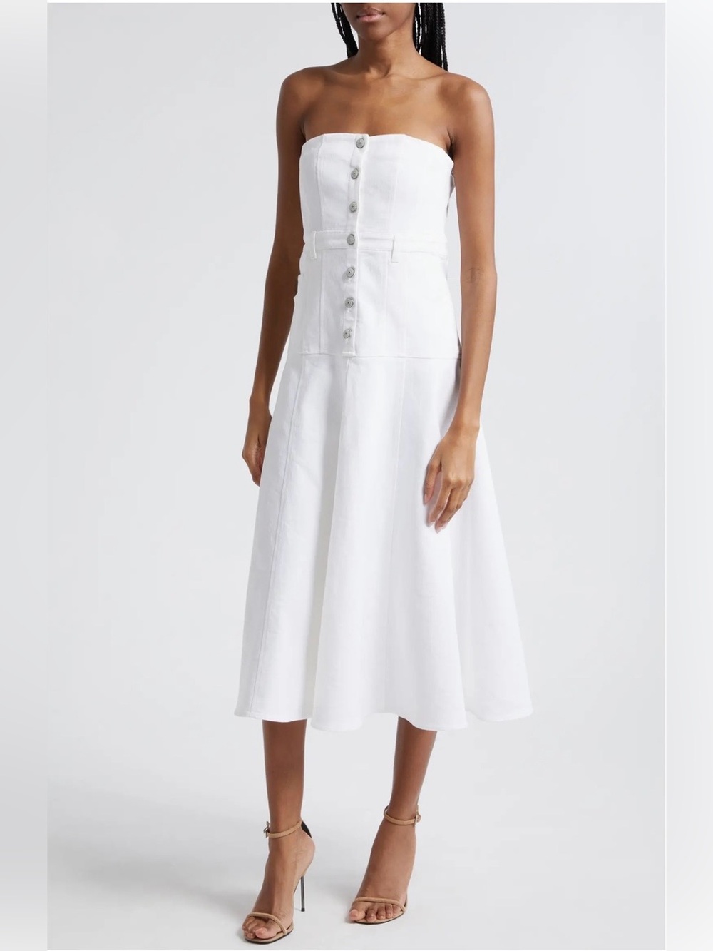 Cinq à Sept Veena White Denim Strapless Bridal Midi Dress Size 6